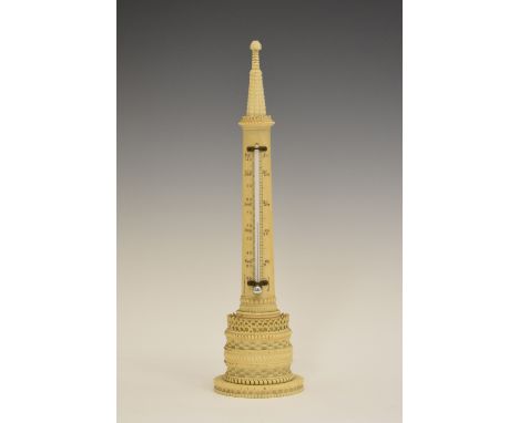19th Century Indian carved and turned ivory desk thermometer formed as a tower, 28cm high  Condition: At the top of the pilla