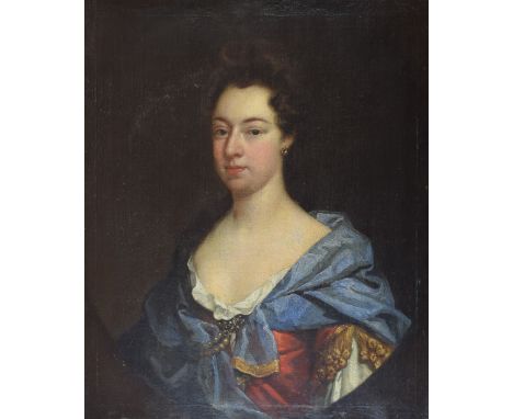 Follower of Godfrey Kneller (1646-1723) - Oil on canvas - Portrait of lady wearing a blue shawl, 74cm x 61cm  Condition: Re-l