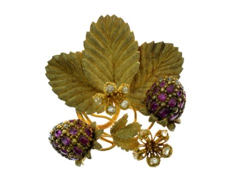 Victorian ruby and diamond strawberries brooch, unmarked, the two stone set 'berries' with diamond set flowers and three real