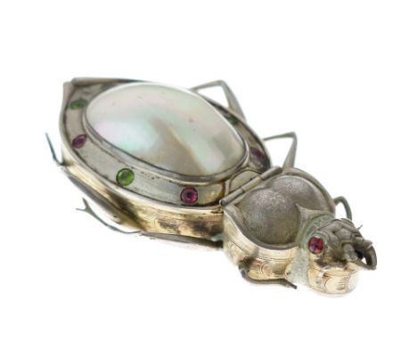 19th Century Continental white metal 'Insect' box, probably Hanau, inset with faux precious stones, the hinged cover inset wi