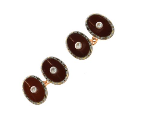 Pair of cornelian, pearl and enamel cufflinks, unmarked, the oval hardstone centred with a pearl (untested and unwarranted), 