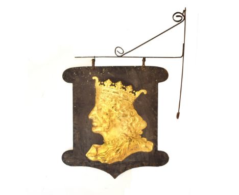 Late 19th/early 20th Century double sided hanging Inn sign - The Kings Head, decorated in relief with the head of a Medieval 