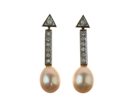 Pair of diamond and freshwater pearl 18ct gold drop earrings, the oval pearl of approximately 8.5mm in length, to a baton of 