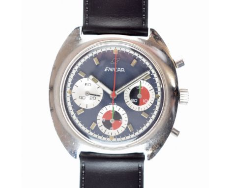 Enicar - Ocean Pearl 'C' shaped stainless steel chronograph, ref: 072-03-01, case no: 1333348, the signed black dial with thr