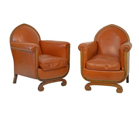 Pair of Art Deco beech framed easy armchairs, upholstered in brass studded tan hide  Condition: Please see extra images and T