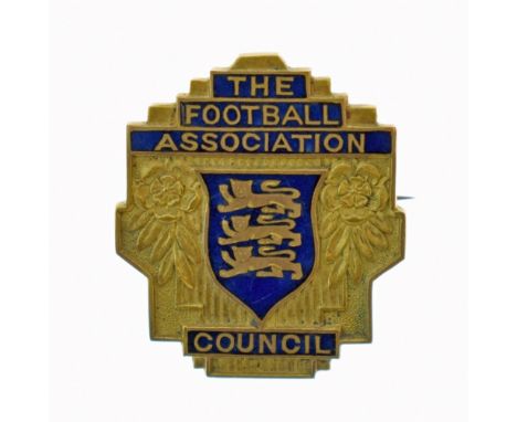 Soccer Interest - 9ct gold and blue enamel Football Association Council Members badge named to J.A. Tayler and dated 1930-31,