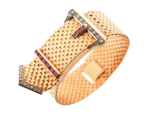 Retro modern diamond and calibré ruby buckle strap watch, signed Schulz to the square dial, stamped 'J. Schulz' over '14k' to