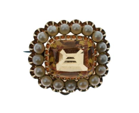 Golden citrine and split pearl Victorian brooch, the citrine, 1.5cm long x 1.2cm wide, enclosed by seventeen pearls (untested