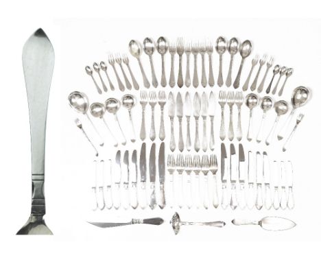 George Jensen canteen of silver Continental pattern cutlery comprising: six table forks, six table knives, six dessert forks,