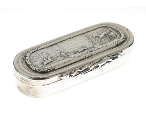 George IV oval engine turned silver snuff box, the hinged cover decorated with a hunting scene in relief, maker John Jones, L