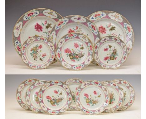 Group of thirteen matching Chinese Famille Rose plates and chargers, each having enamel painted foliate decoration and compri