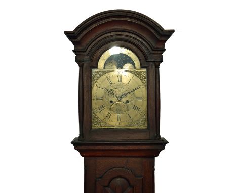 Late 18th/early 19th Century longcase clock by John Tucker of Tiverton, brass arch dial with moon phase, Roman and Arabic num