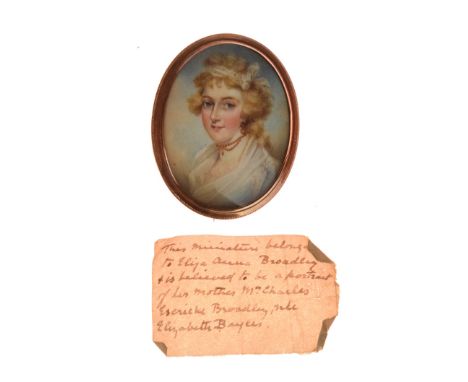 19th Century English School - Oval miniature - Portrait of a young lady, believed to be Elizabeth Bayles, 4.5cm x 3.75cm, in 