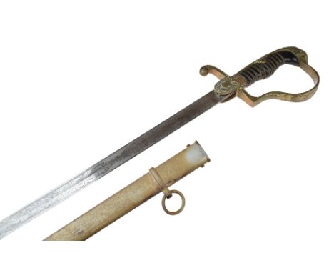 19th Century German Cavalry officers sabre, the brass hilt with lion head pommel, brass knuckle bow and back-strap, the front