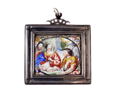 18th Century white metal framed enamel pendant plaque having painted decoration depicting a scene from the Nativity, overall 