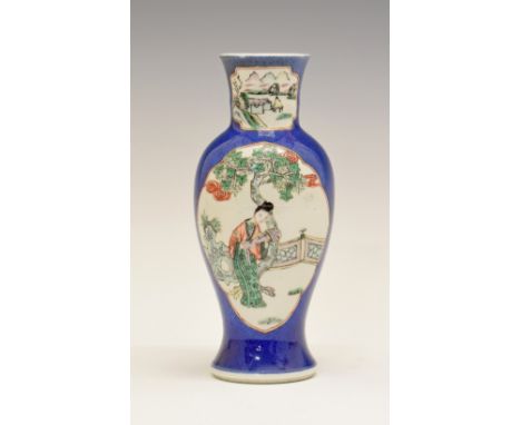 Chinese Famille Verte baluster shaped vase having figural and foliate reserves on a speckled blue ground, Kangxi four charact