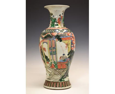 Chinese Famille Verte baluster shaped vase decorated with figures on a terrace and in a garden, 45.5cm high  Condition: Some 