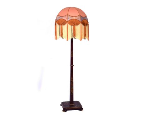 1930s period red lacquered standard lamp having gilt chinoiserie decoration and decorative tasselled shade, 183cm high inclus