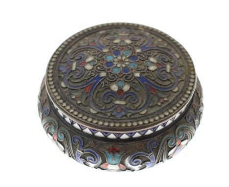 19th Century Russian silver gilt and enamel circular box and cover having allover stylised scroll decoration, Moscow hallmark