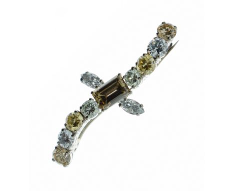 Diamond brooch, composed of a line of alternating tinted and colourless brilliant cuts, and a central tinted step cut with a 