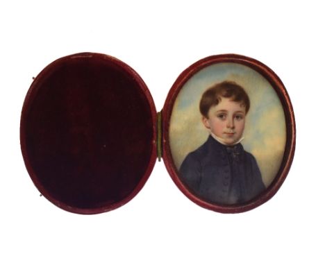 Manner of Richard Cosway - Early 19th Century oval miniature on ivory - Portrait of an unknown boy wearing a blue jacket, 6.5