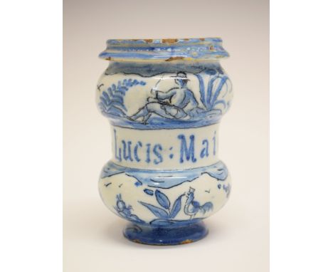 Small 18th Century Italian majolica albarello, Genoa or Savona, decorated with a reclining man, buildings, a bird and a frog 