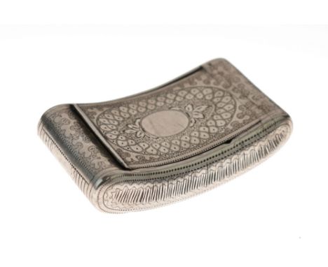 George III curved rectangular silver snuff box having all-over engraved decoration, later presentation inscription dated 1896