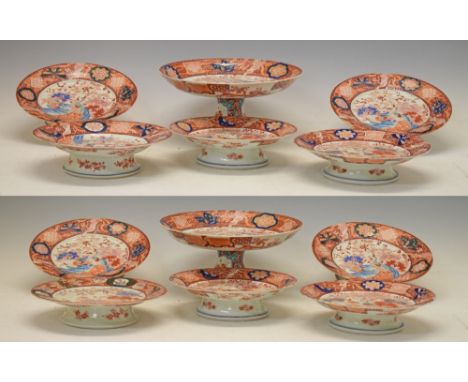 Late 19th/early 20th Century Japanese Arita dessert service decorated in the Imari palette with birds amongst foliage, and co