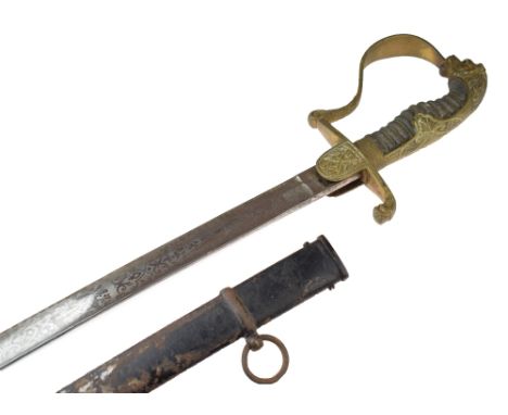 19th Century German Cavalry officers sabre, the brass hilt with lion head pommel and red cut glass eyes, brass knuckle bow an