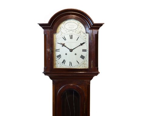 Early 20th Century mahogany grandmother clock, the hood with moulded arch shaped cornice, case with arch shaped long bevelled