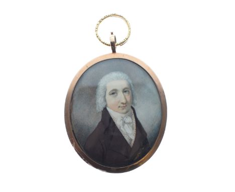 Late 18th/early 19th Century English School - Oval miniature - Portrait of a gentleman wearing a brown coat, 6.5 cm x 5.5cm, 