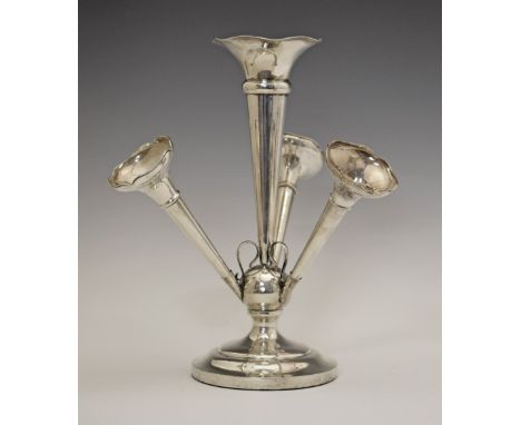 George V silver four branch epergne standing on a circular foot, makers mark indistinct, Birmingham 1922, 31cm high, weighted