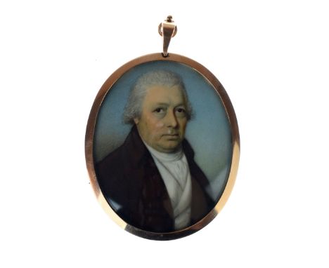 Thomas Hazelhurst (c.1740-c.1821) - Oval miniature - Portrait of a gentleman wearing a brown jacket, signed with initials, 6.
