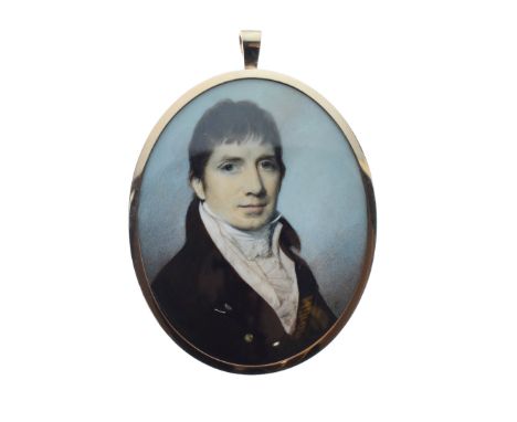 George Engleheart (1750-1829) - Oval miniature - Portrait of a young man wearing a high collared jacket and white cravat, sig