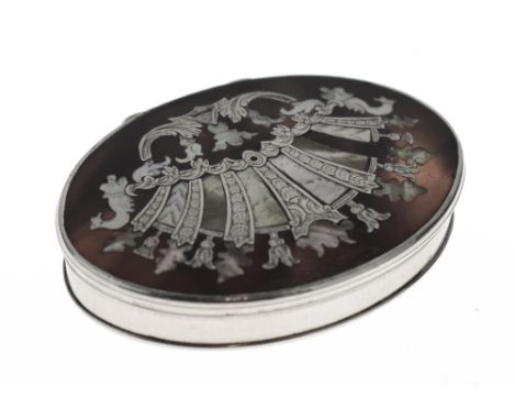 19th Century Continental white metal, tortoiseshell and mother-of-pearl oval snuff box, the hinged cover having inlaid decora