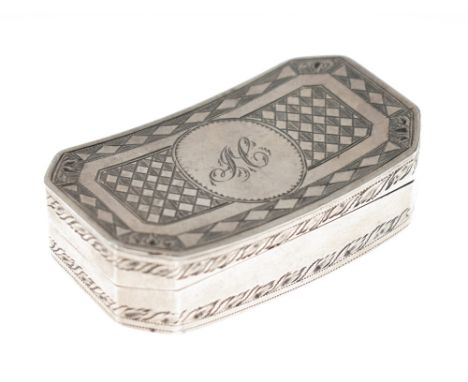 George III rectangular silver snuff box having canted corners and with all-over engraved decoration, maker Samuel Pemberton, 