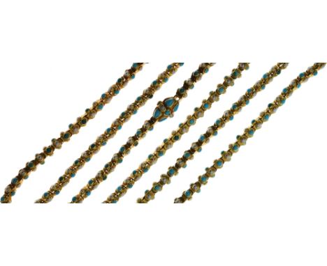 Turquoise and split pearl muff chain, the stone set links to a similarly set clasp, 114cm long, 73g gross, pearls untested an
