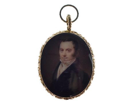 George Patton (1801-1865) - Oval miniature - Portrait of a gentleman wearing a blue jacket and white high collared shirt, uns