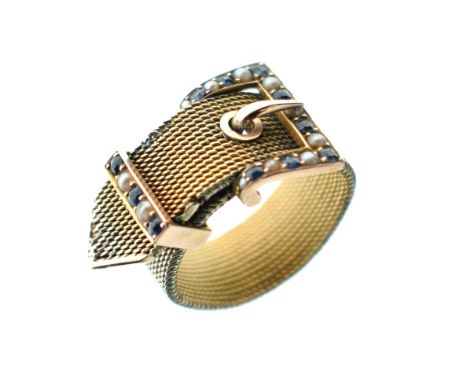 Sapphire and seed pearl buckle ring, tagged '9ct', the mesh flexible ring with stone set buckle components, (pearls untested 