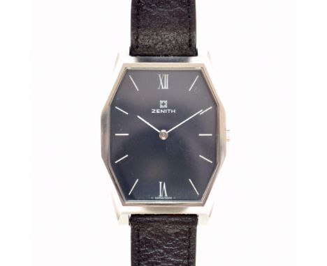 Zenith - Gentleman's stainless steel manual wind Tonneau wristwatch, signed dark blue dial with white hands and applied hour 