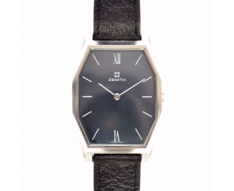 Zenith - Gentleman's stainless steel manual wind Tonneau wristwatch, signed dark blue dial with white hands and applied hour 