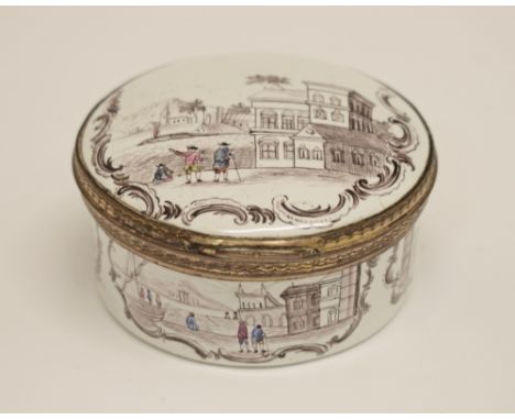 18th Century German enamel circular box having polychrome decoration depicting figures on a town quay, the hinged cover openi