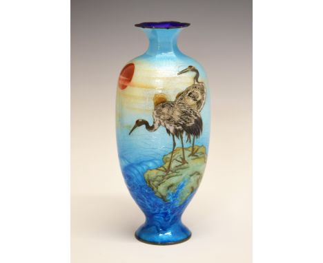 Kumeno Teitaro of Nagoya - Ginbari enamel and silver baluster shaped vase decorated with two Cranes on a rock amongst waves, 