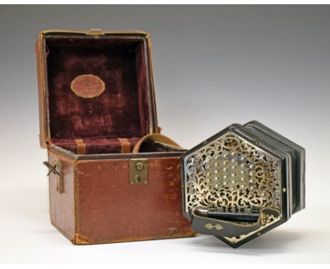 Vintage 57 key Duet concertina, possibly Lachenal, cased  Condition: Extensive restoration where the bellows meet the end boa