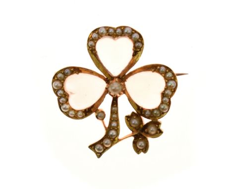 Edwardian moonstone and seed pearl clover brooch, the three heart shaped cabochons forming the petals, (pearls untested and u