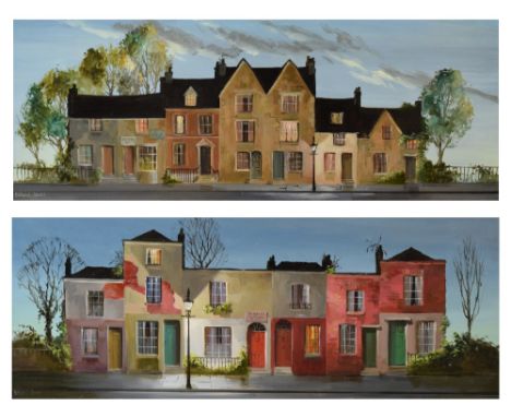 Deborah Jones (1921-2012) - Pair of oils on canvas - H. Butt, Chimney Sweep and The Village Shop, each being a view of a terr