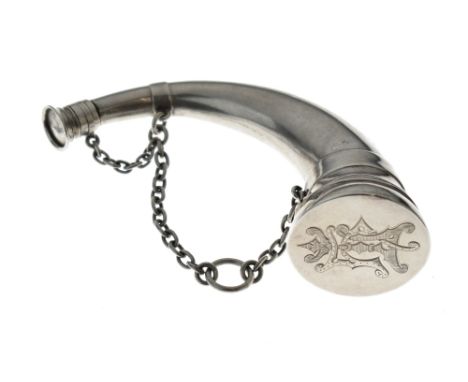 Late 19th Century unmarked white metal vinaigrette/scent bottle modelled as a hunting horn, the hinged cover opening to revea