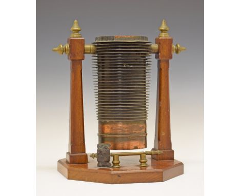 Early 20th Century table top dinner gong formed from an engine cylinder, probably aeronautical, standing on an octagonal waln