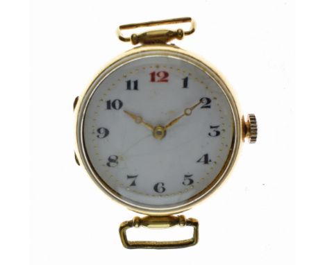 Rolex - Lady's 18ct gold watch head, white enamel dial with gilt hands, the black Arabic numerals having a red 12, the case w