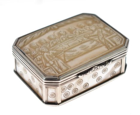 Victorian silver and mother-of-pearl snuff box, the hinged cover with carved decoration depicting The Last Supper, the mother